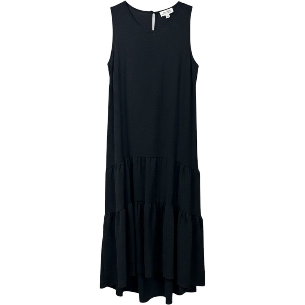 Tahari Tiered Midi Dress Womens XS Black High Low Sleeveless Flowy Casual